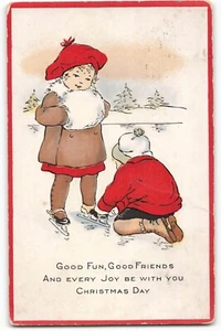 Postcard 1916 Good Fun, Good Friends Christmas Day Kids Ice Skates VTG ME2. - Picture 1 of 2