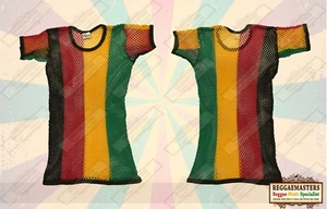 RED GOLD GREEN & BLACK RASTA STRING FISHNET MESH T SHIRT RASTA REGGAE CULTURE - Picture 1 of 3