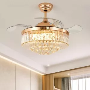 42" Crystal Ceiling Fan Remote Retractable Blades Chandelier 3-Colors 3-Speeds - Picture 1 of 13