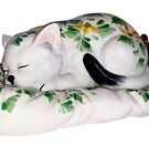 Vintage Nora Fenton Pottery Signed Floral Sleeping Cat On Base 70/105 Italy 15?L