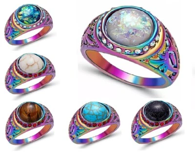 Anillo de ópalo blanco turquesa arco iris banda llena de oro talla 5-11 caja de regalo gratis EE. UU. Foto 1 de 4