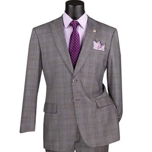 VINCI Men's Gray Glen Plaid 2-Button Classic-Fit Suit w/ Peak Lapel - NEW - Picture 1 of 4
