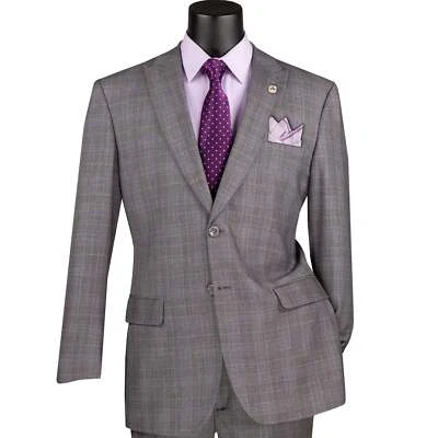 VINCI Men's Gray Glen Plaid 2-Button Classic-Fit Suit w/ Peak Lapel - NEW - Image 1 of 4