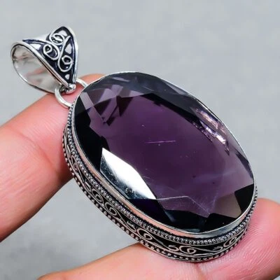 African Amethyst Oval Gemstone 925 Sterling Silver Jewelry Vintage Pendant 2.30" - Image 1 of 4