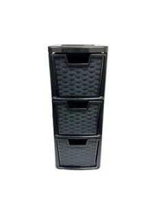 3-Drawer Storage Tower Unit Medium Rattan Effect Black A5 Size Desktop Organizer - Picture 1 of 7