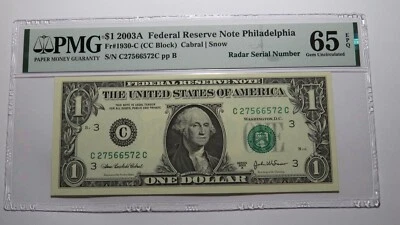 $1 2003 Radar Serial Number Federal Reserve Currency Bank Note Bill PMG UNC65EPQ - Image 1 of 3