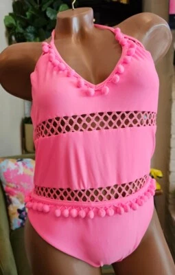 Tularosa Nina One-Piece Swimsuit Crochet & Pom-Pom Pink LARGE - Image 1 of 4
