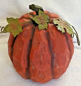 Wood-Look Carved Textured Ceramic Painted Pumpkin w/ Metal leaves - Picture 1 of 8
