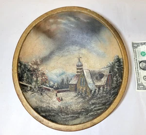 Antiguo tazón de masa de madera torneada de 12" pintura arte popular trineo de nieve iglesia Navidad - Imagen 1 de 8