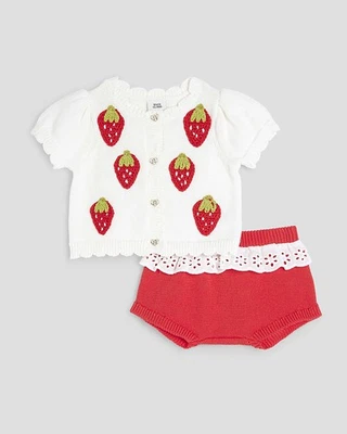 River Island Newborn Girls Baby 2 Piece Bloomer Set Beige Strawberry Top Shorts