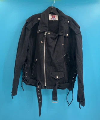 Mens Camel Smokes Black Denim Biker Jacket Vintage Size L Belted Cotton - Image 1 of 4