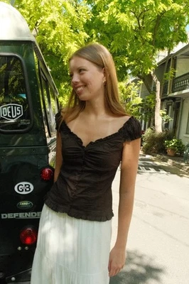 Brandy Melville Brown Elena Button Up Top Short Sleeve Ruffle Blouse - Image 1 of 2