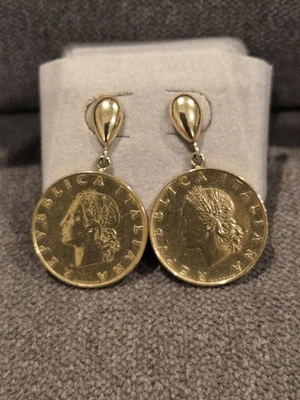 Vintage Milor Italian 20 Lire Coin Earrings Gold Plated Dangle Pierced - Image 1 of 4