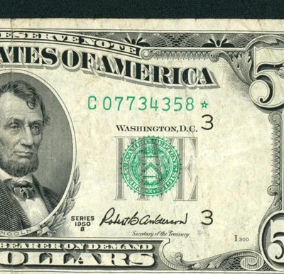 **ESTRELA** US$ 5 1950 Nota da Reserva Federal ** LEILÕES DIÁRIOS DE MOEDA - Imagem 1 de 3