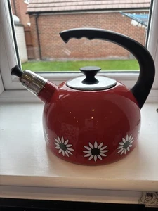 VTG Kitsch Enamel Red Floral Whistling Kettle Camping Campervan Caravan Retro  - Picture 1 of 6