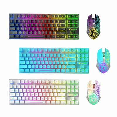 Wireless Gaming Keyboard and Mouse Set 87 Keys Rainbow Backlit Mechanical Feel  - Image 1 of 4