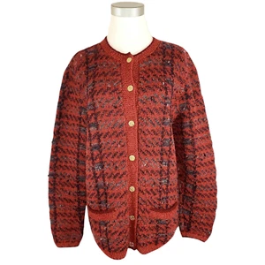 PERUVIAN CONNECTION M Red Purple Multi Merino Wool Cardigan Sweater ~ Pockets - Picture 1 of 9