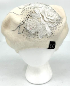 C.C. Exclusives Womens Tam Beret Hat One Size Ivory Lace Flowers Angora Blend - Picture 1 of 12