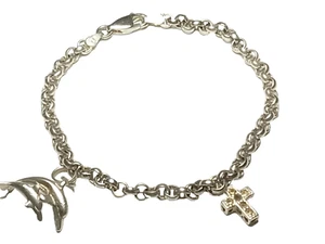 Bracciale Charm Argento Sterling con Croce e Delfino - Lungo 7 Pollici - .925 - Foto 1 di 3
