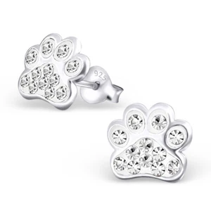 Paw Print Clear Crystal .925 Sterling Silver Stud Post Earrings - Picture 1 of 2