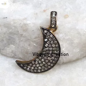 Pave Diamond Crescent Moon Pendant Gold Plated 925 Solid Silver Charm Jewelry - Picture 1 of 3