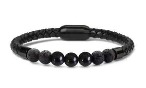 Bracciale uomo donna nuovo perle lava pietra curativa vera pelle chiusura magnetica - Foto 1 di 4