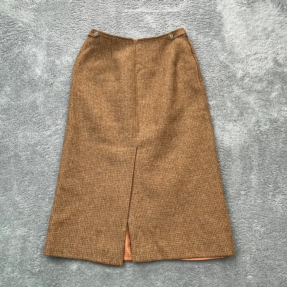 复古羊毛裙女式 8 棕色粗花呢千鸟格丝绸铅笔学院开衩 — 第 1/4 张图片