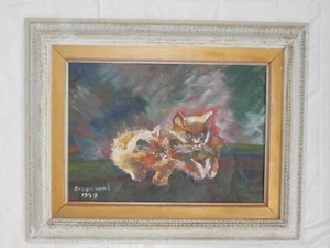 altes Vintage Gemälde, signiert Öl auf Leinwand - 2 Haustiere Katzen Portrait - Bild 1 von 9