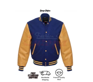 Chaqueta Bomber School Béisbol Universitario Letterman con Mangas de Cuero Genuino - Imagen 1 de 4
