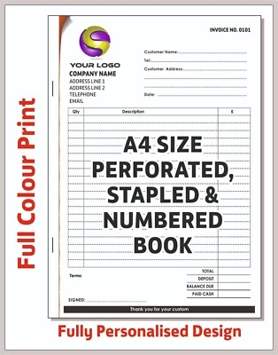 PERSONALISED A4 INVOICE RECEIPT BOOK / NCR / PAD / Duplicate Sets FREE P&P BEST - Image 1 of 4