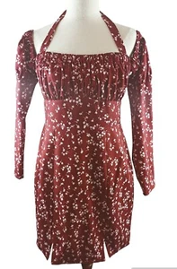 BY JOHNNY Size 10 Maroon Floral Halter Gathered Bodice Long Sleeve Dress EXC - Picture 1 of 17