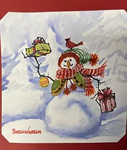 4x4” Original Pamela Wilhelm Watercolor Christmas Snowman With Green Vest - Picture 1 of 2