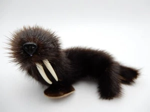 Vintage Walrus Miniature Fur Figurine 4 Inch Long Glass Eyes Sculpted Nose - Picture 1 of 12