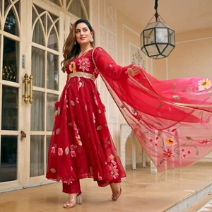 Anarkali Red Pakistani Salwar Kameez Flared Gown Long Floral Kurta Kurti Set New - Picture 1 of 5