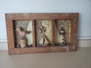 Wood Fram Nautical Shore Beach Shadow Box  nets, sea gulls, lighthouse  - Picture 1 of 8
