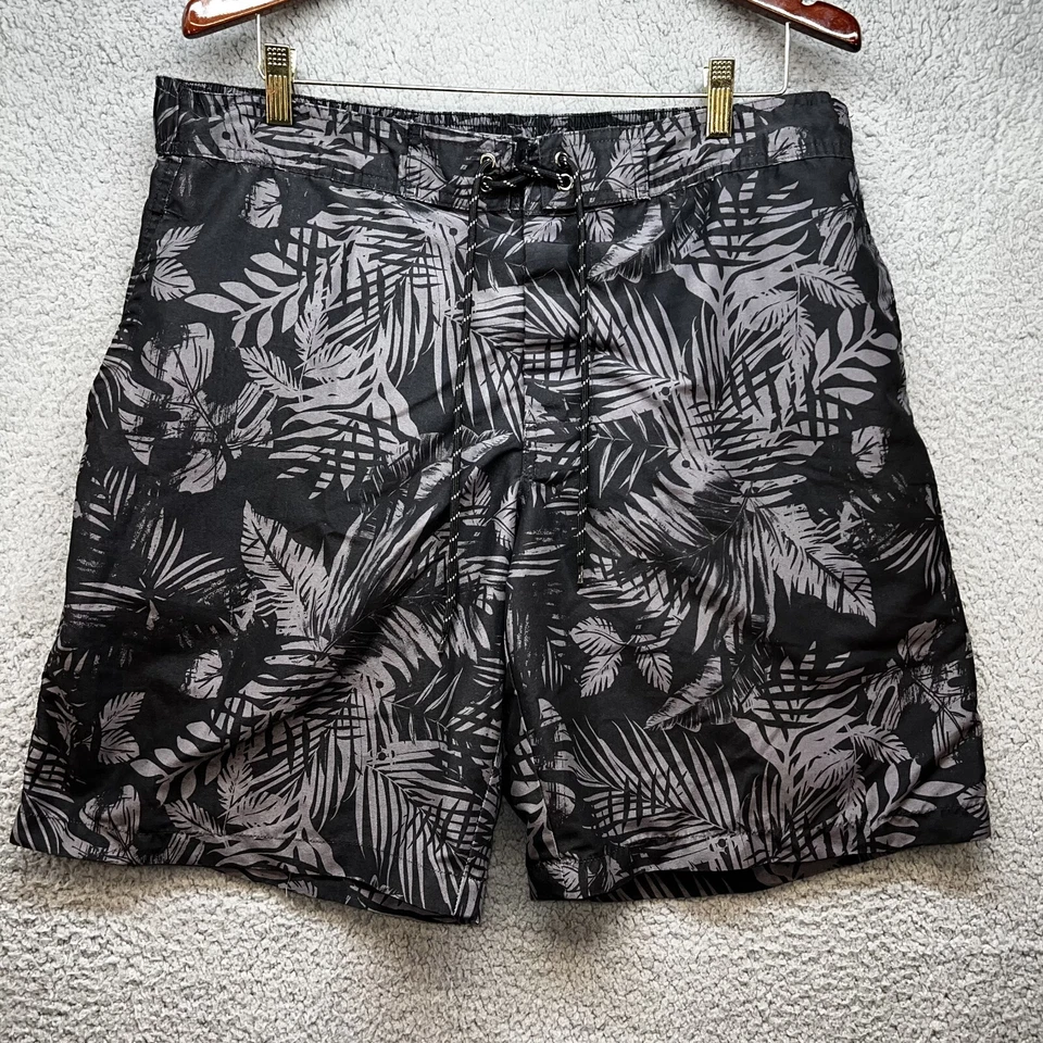 St John’s Bay Swim Trunks Men’s XL Black Gray Palm Print Board Shorts Pockets - Image 1 of 4