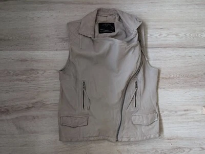 Chaleco AllSaints 14 Reino Unido Beige Cuero Chaleco Stanton Chaleco Motociclista Moto Acolchado Pequeño Foto 1 de 4