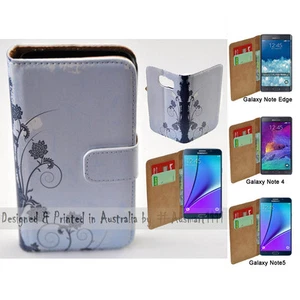For Samsung Galaxy Note Series Blue Floral Print Wallet Mobile Phone Case Cover - Imagen 1 de 3