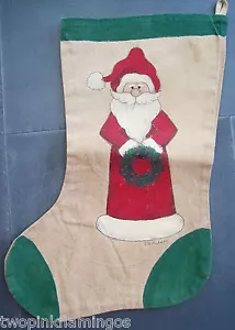 Vintage Handcrafted Christmas Stocking Hand Painted Canvas Santa Claus Signed - Picture 1 of 1