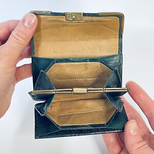Antique Art Deco Leather Purse Wallet Ladies Green Brown Brass Mounted Mini 1920