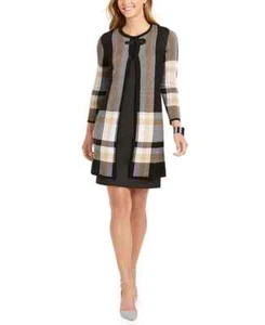 Anne Klein Fibbia Anteriore Giacca Tunica Cardigan Maglione Piccolo Plaid Nero Tan - Foto 1 di 14