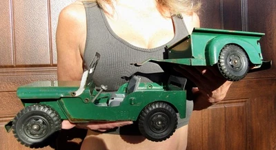 De colección MARX TOYS EE. UU. LUMAR Acero Prensado Verde Willys Jeep MP/M38. Remolque original Foto 1 de 4