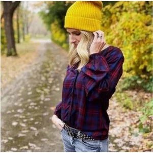 Camisa Cabi Caroling Blusa a Cuadros Púrpura Roja Azul Mangas Bishop S - Imagen 1 de 7