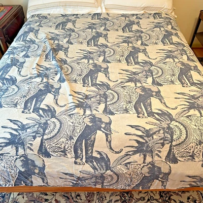 Pottery Barn Ari Elephant Full(?)/Queen Duvet Cover Cotton Linen Blend Blue READ - Image 1 of 4