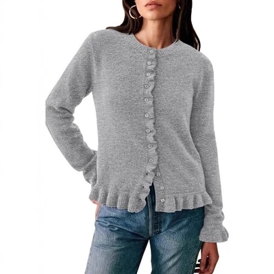 Coarse knitted ruffle edge cardigan short sweater - Image 1 of 4