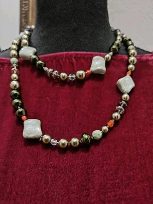 Joan Rivers Mixed Bead Adjustable Statement Necklace Green Gray Hues Red Accents - Image 1 of 4