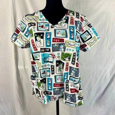 SB Scrubs Top Christmas Winter Snowman Unisex Medium Pockets Nursing Medical - Image 1 of 4