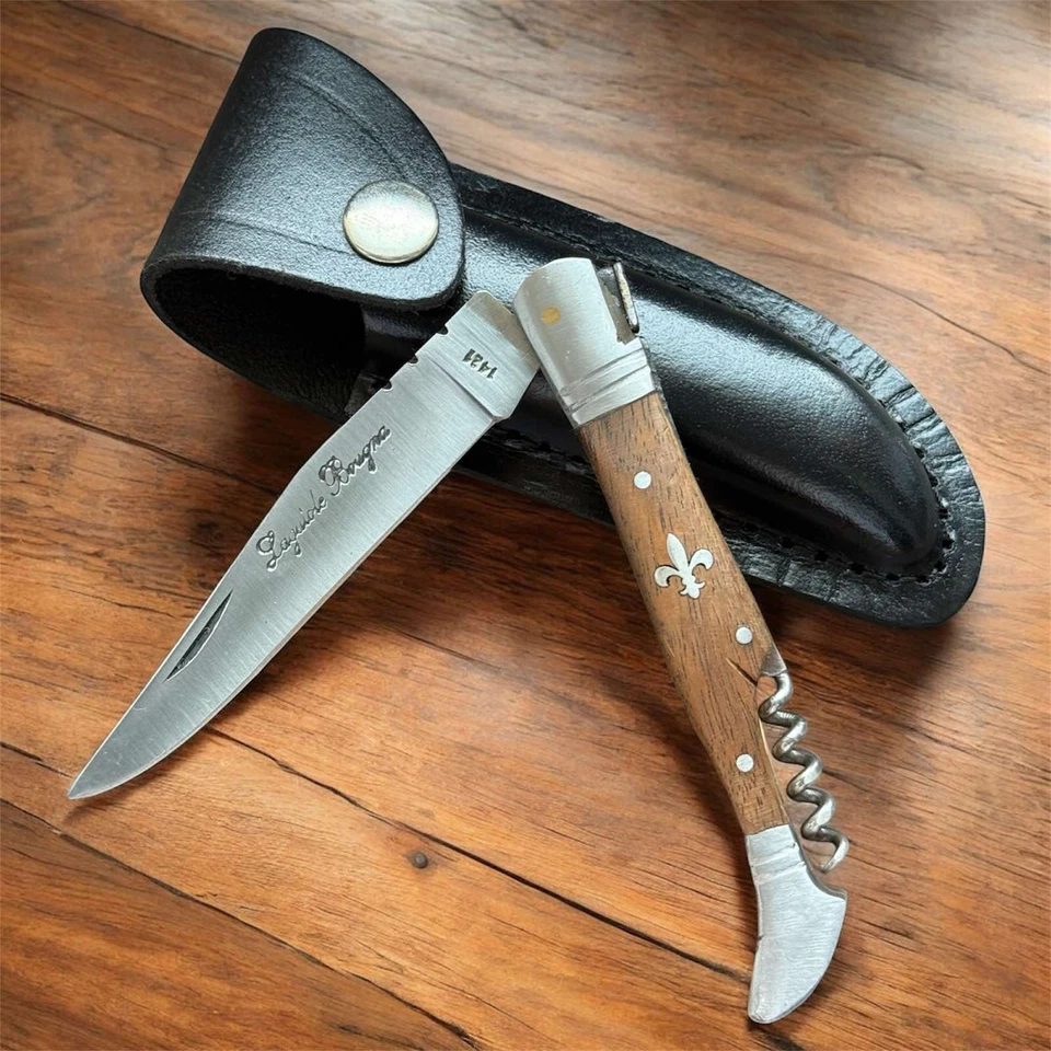 Vintage Laquiole Pocket Knife Blade Wood Handle Sheath Leather Corkscrew Men's - Image 1 of 4