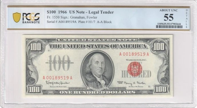 1966 $100 Red Seal Legal Tender Note Fr 1550 - PCGS 55 Details - Image 1 of 2