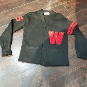 Vintage 1955 Wool Varsity Sweater Milwaukee Knit Black Red Football Track Mngr  - Picture 1 of 12